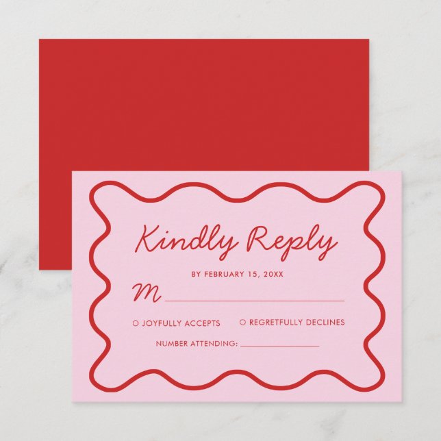 Modern Wavy Pink and Red Retro Squiggle Wedding RSVP Card (Front/Back)
