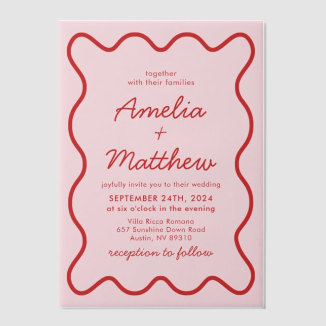 Modern Wavy Pink and Red Retro Squiggle Wedding Vellum Invitations (Front)