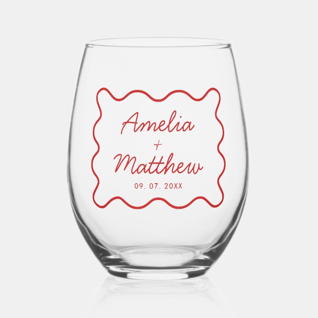 Modern Wavy Red Retro Squiggle Wedding Stemless Wine Glass (Front)