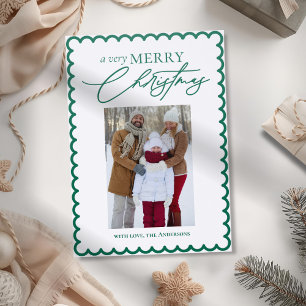 Modern Wavy Scalloped Border Calligraphy Christmas Letterpress Photo Cards