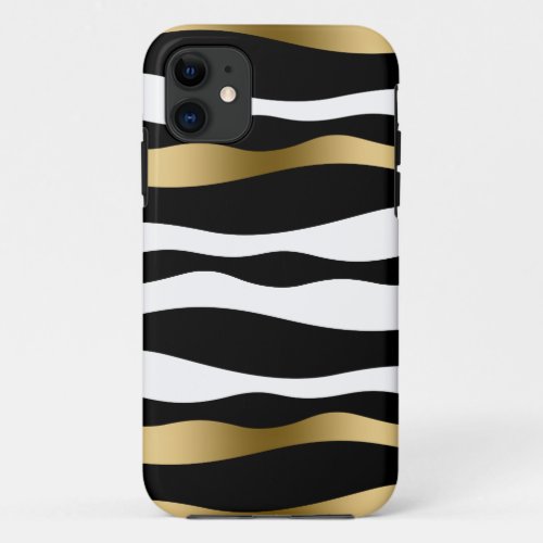 Modern Wavy Stripes In Black White  Gold iPhone 11 Case