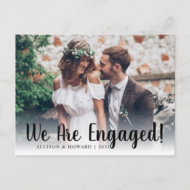 Modern We Are Engaged Photo Script Engagement Announcement Postcard (Front)