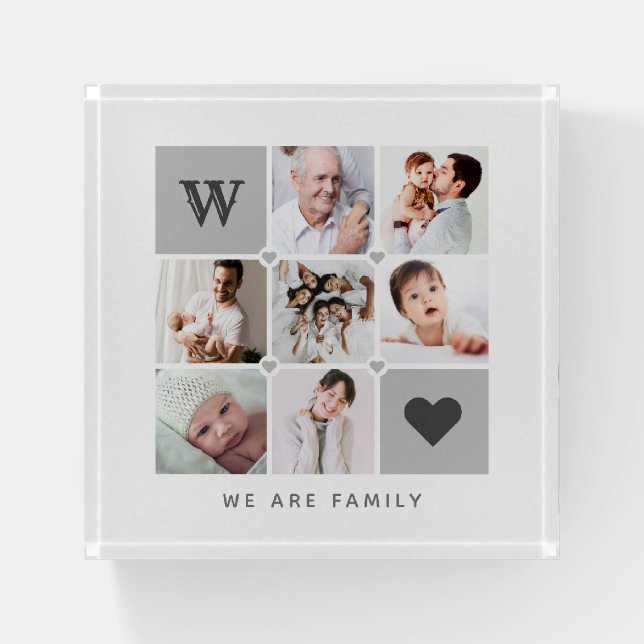 Modern "We are Family" 7-Photo & Custom Text Paperweight (Front)