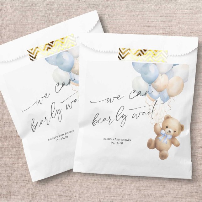 Modern We Can Bearly Wait Blue Boy Shower Favor Bag (Blue We Can Bearly Wait, baby Boy SHower Favor Bag.)