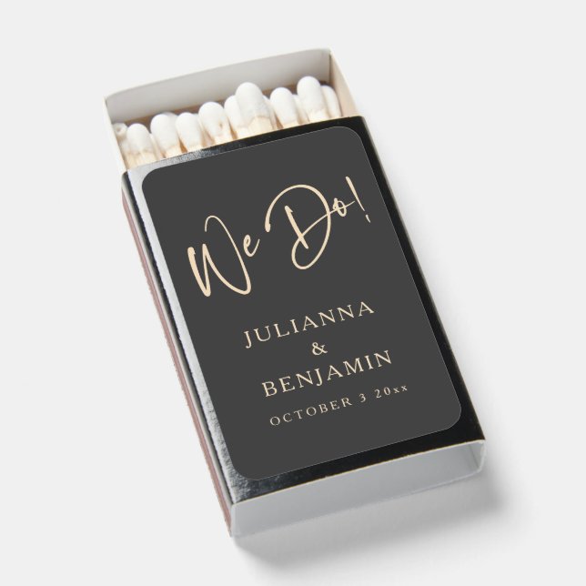 Modern We Do Elegant Custom Black Beige Wedding  Matchboxes (Front Open)