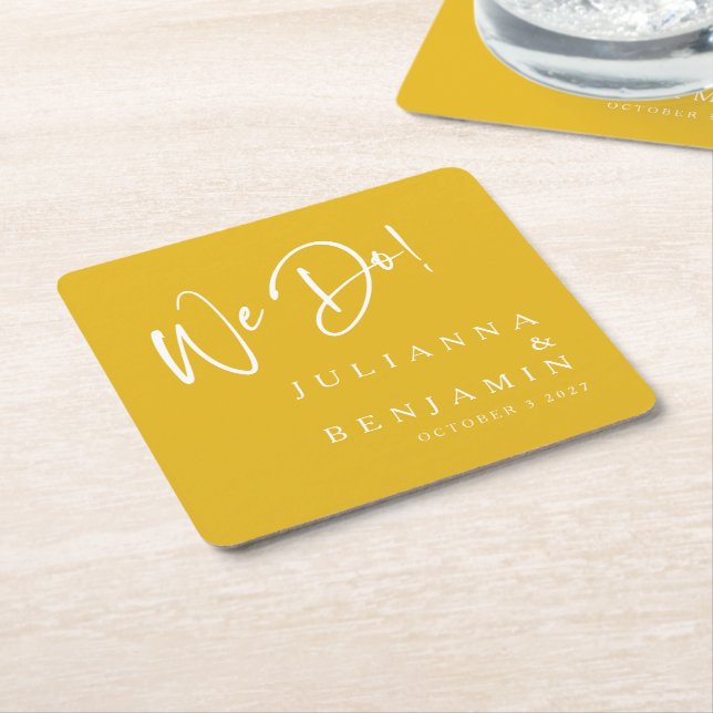 Modern We Do Elegant Custom Saffron Yellow Wedding Square Paper Coaster (Angled)