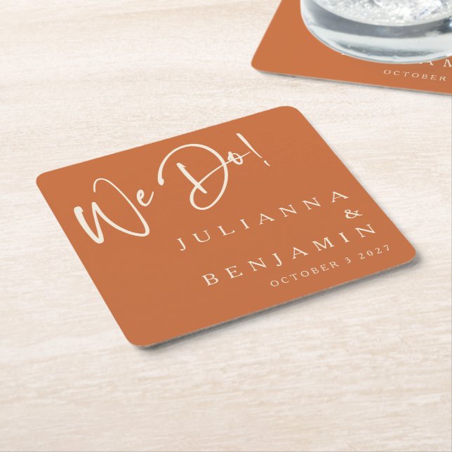Modern We Do Elegant Custom Wedding Burnt Orange Square Paper Coaster (Angled)