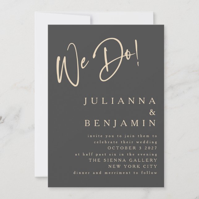 Modern We Do Elegant Slate Black Beige Wedding Invitation (Front)