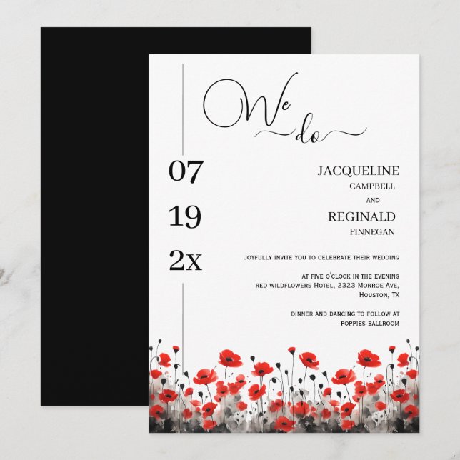 Modern We Do Minimalist Floral Red Black Wedding Invitation (Front/Back)