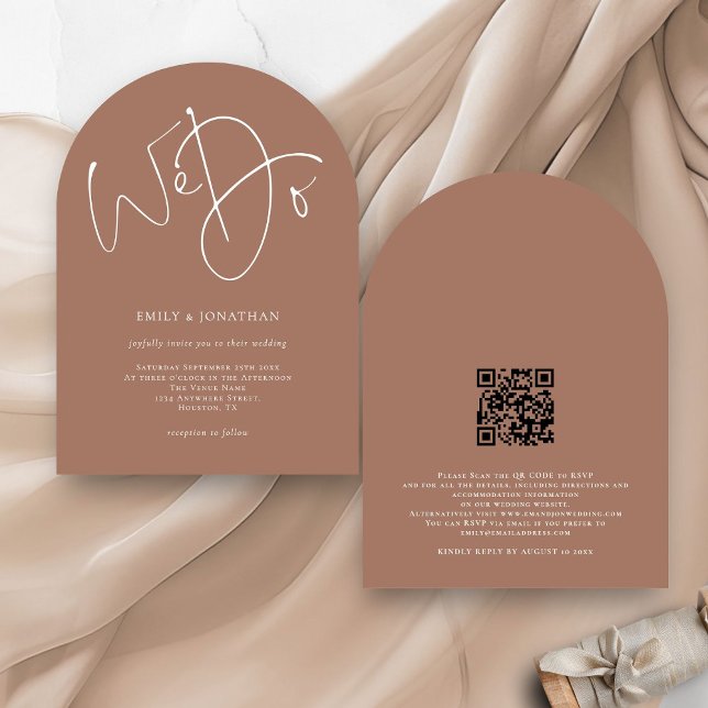Modern We Do Script Soft Brown QR Code Wedding Invitation (Front and back view)