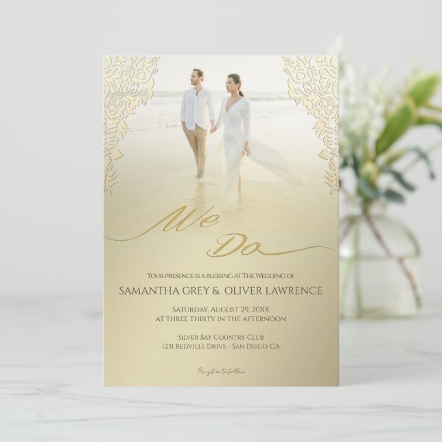 Modern “We Do” Wedding Invitation Gold Damask (Standing Front)