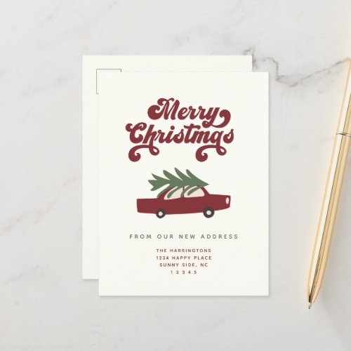 Modern We Have Moved Red Christmas Tree Car Moving Announcement Postcard