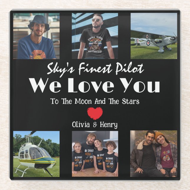 Modern 'We Love You' Custom Photo Collage Glass Coaster (Front)