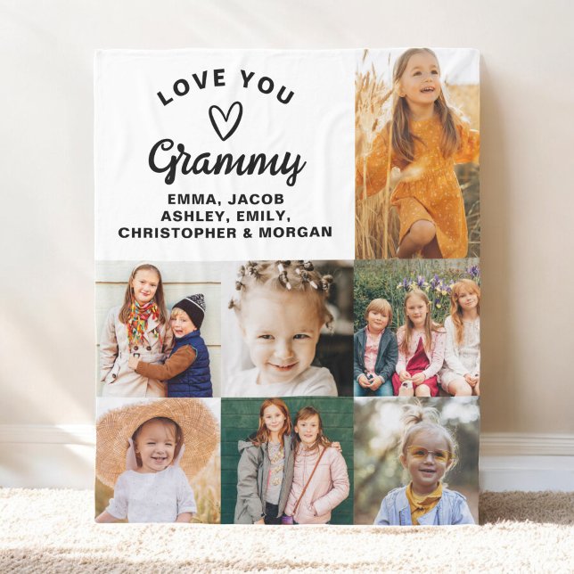 Modern We Love You Grammy Family Photo Collage Fleece Blanket (Creator Uploaded)