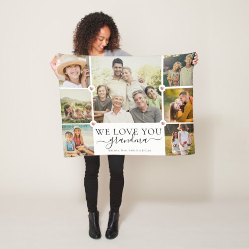 Modern We Love You Grandma Family Photo Collage Fleece Blanket