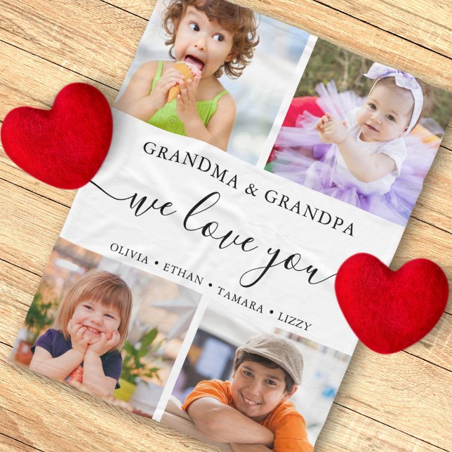 Modern We Love You Grandma Grandpa 4 Photo Collage Fleece Blanket (Creator Uploaded)