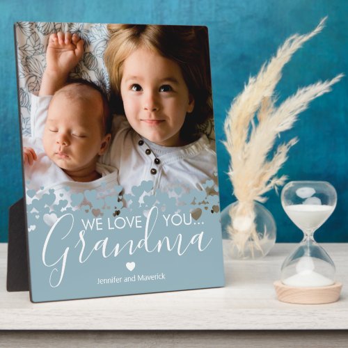 Modern We Love You Grandma Photo Plaque - Personalized grandmother photo plaque featuring a precious family photo, a modern dusty blue heart border design, the saying "we love you grandma", and the childrens names.