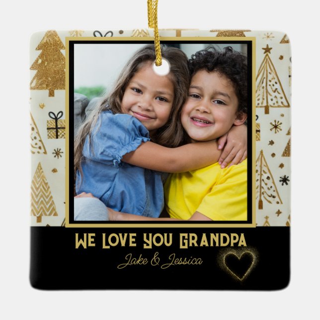 Modern We Love you Grandpa Black and Gold Ceramic Ornament (Front)