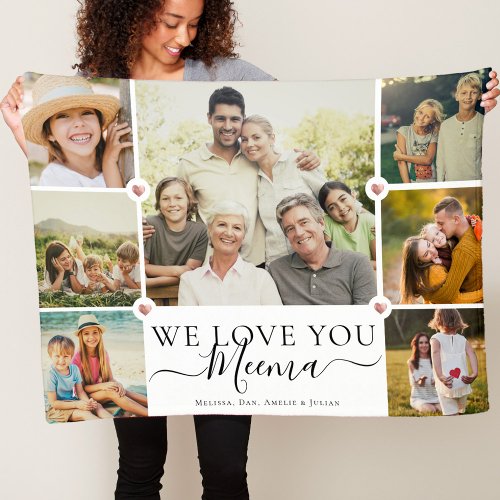 Modern We Love You Meema Family Photo Collage Fleece Blanket