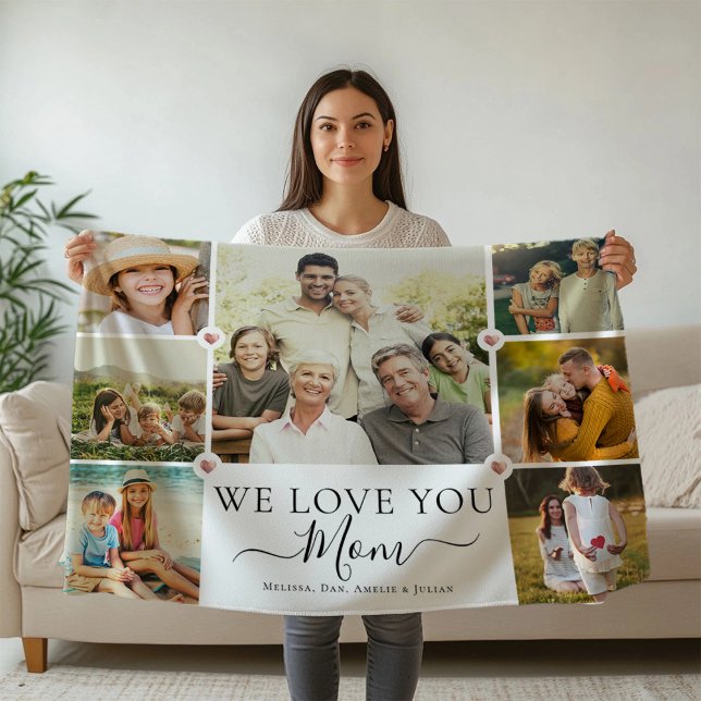 Modern We Love You Mom Family Photo Collage Fleece Blanket (Creator Uploaded)