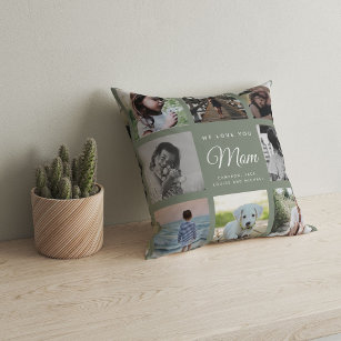 Modern WE LOVE YOU Mom Family Photo Collage Green Throw Pillow