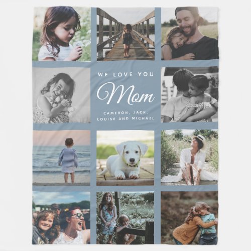 Modern WE LOVE YOU MOM Family Photo Grey Blue Fleece Blanket