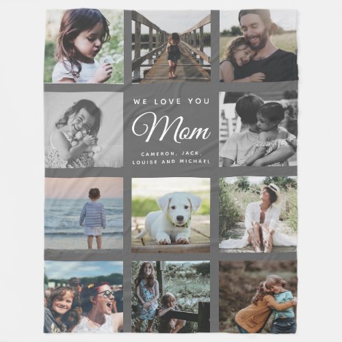 Modern WE LOVE YOU MOM Family Photo Grey Chic Fleece Blanket