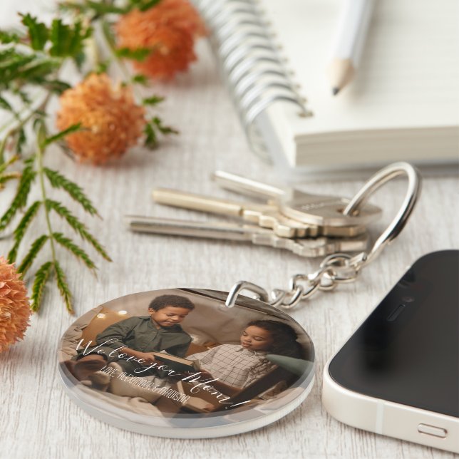Modern We Love You Mom Photo Acrylic Keychain (Front Right)
