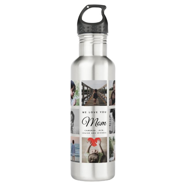 Modern WE LOVE YOU MOM Photo Collage Cool Stainless Steel Water Bottle (Front)