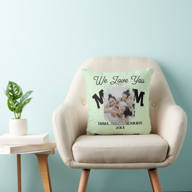 Modern We Love You Mom Photo collage Throw Pillow (Chair)
