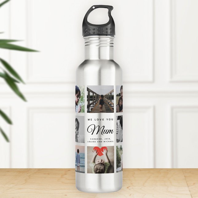 Modern WE LOVE YOU MUM Photo Collage Cool Stainless Steel Water Bottle (Silver water bottle on a wooden surface featuring family photos and the text "We love you Mum")
