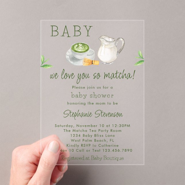 Modern We Love You So Matcha Green Tea Baby Shower Acrylic Invitations (Insitu (Handheld))