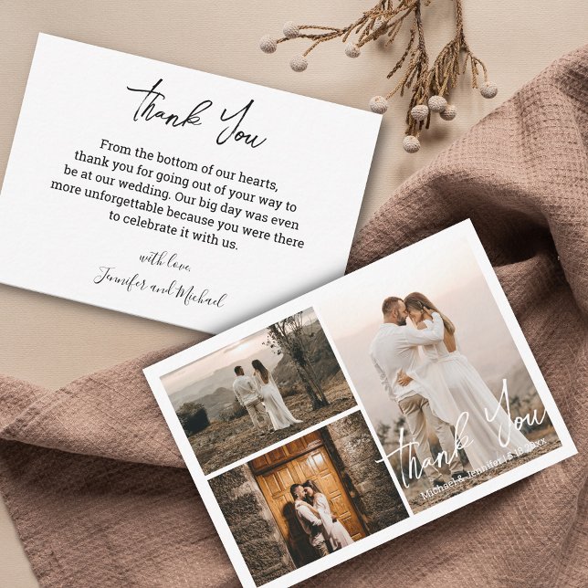 modern  wedding 3 photos collage thank you note card (Creator Uploaded)