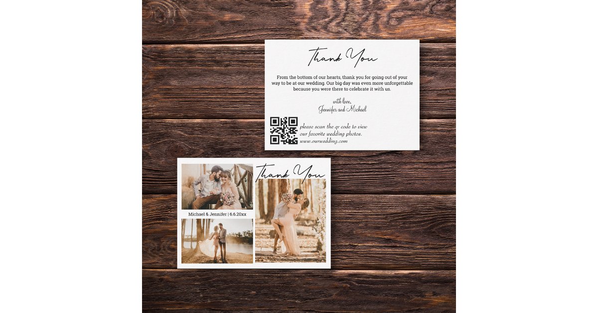 modern wedding 3 photos collage thank you qr code note card | Zazzle