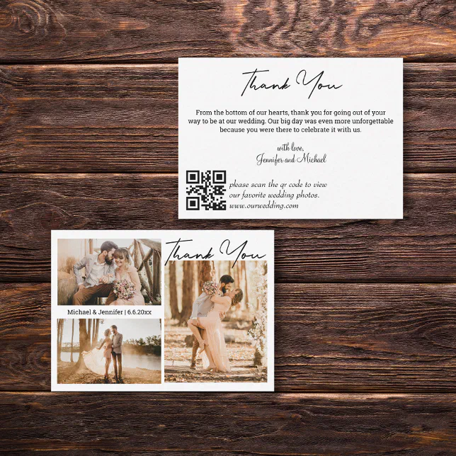 modern wedding 3 photos collage thank you qr code note card | Zazzle