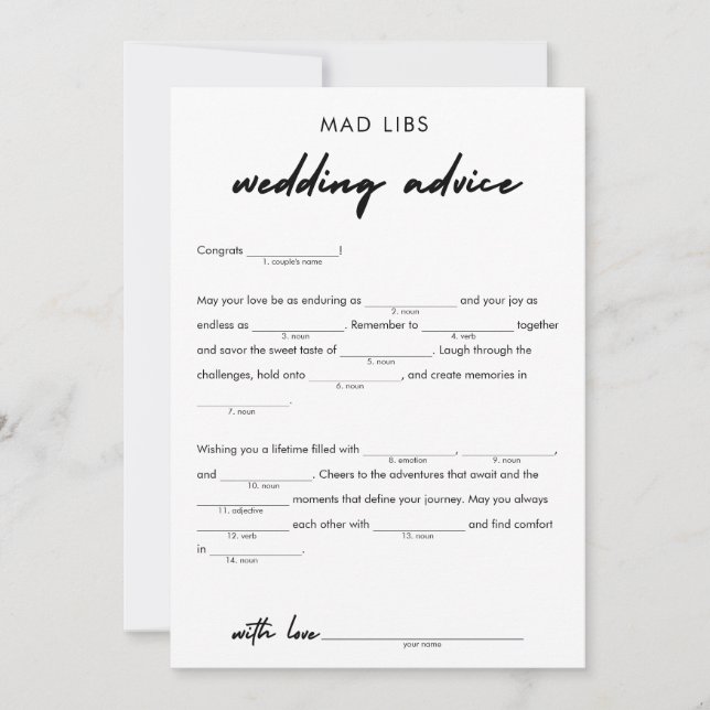 Modern Wedding Advice Bridal Libs Game Invitation (Front)