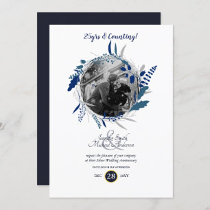 Modern Wedding Anniversary PHOTO Blue Wreath Invitation