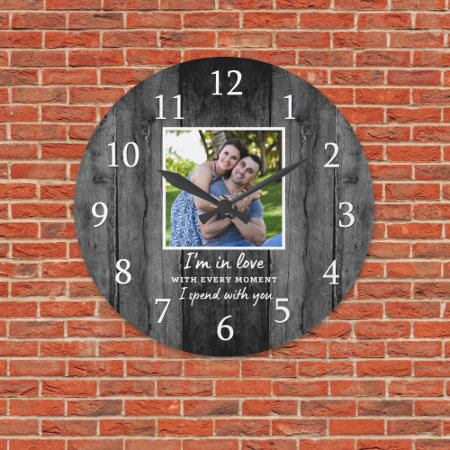 Modern Wedding Anniversary Photo Love Quote Black Large Clock