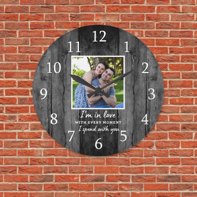 Modern Wedding Anniversary Photo Love Quote Black Large Clock (Modern Wedding Anniversary Photo Love Quote Black Large Clock.)