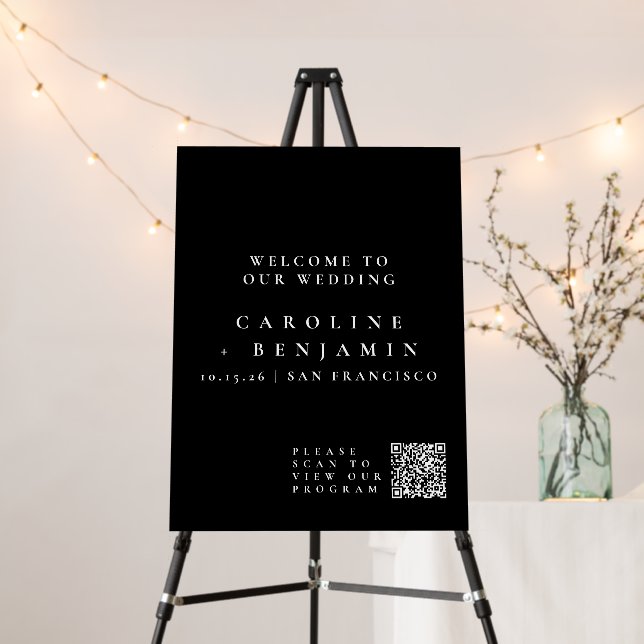 Modern Wedding Black Program QR Code Sign (In Situ (Stand))