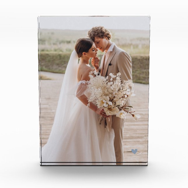 Modern Wedding Blue Heart Keepsake Photo Block (Front)