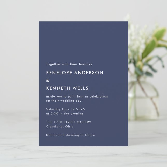 Modern Wedding Bold Navy White Classic Minimalist Invitation (Standing Front)