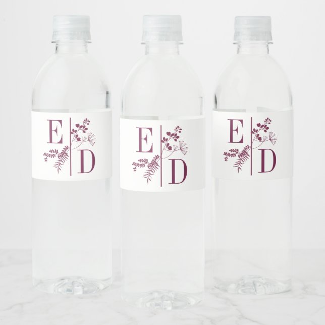 Modern Wedding Burgundy Initials Water Bottle Labe Water Bottle Label (Bottles)