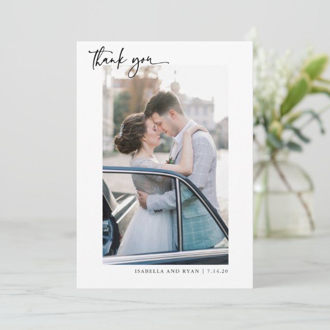 Modern Wedding Calligraphy Photo Thank You Card (Standing Front)