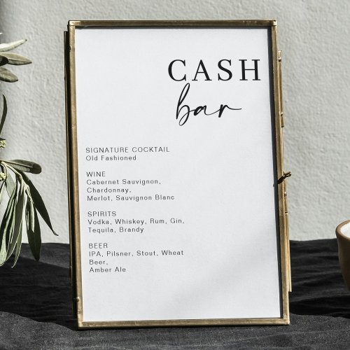 Modern Wedding Cash Bar  Bar Drink Menu Sign