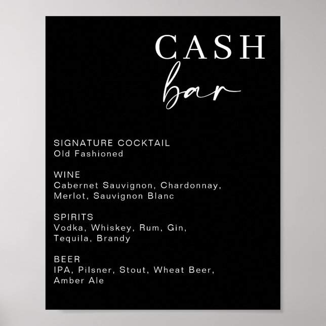 Modern Wedding Cash Bar | Bar Drink Menu Sign (Front)