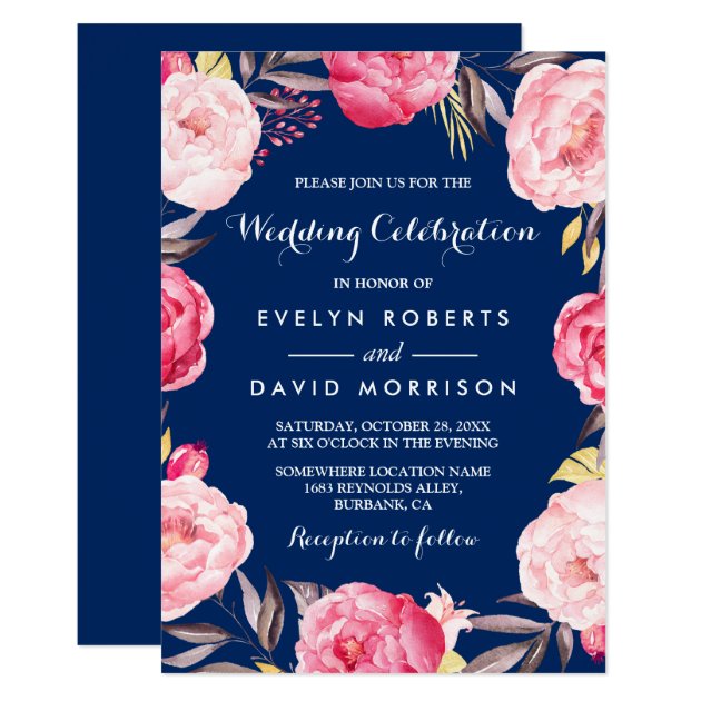 Modern Wedding Celebration Floral Wreath Navy Blue Invitation