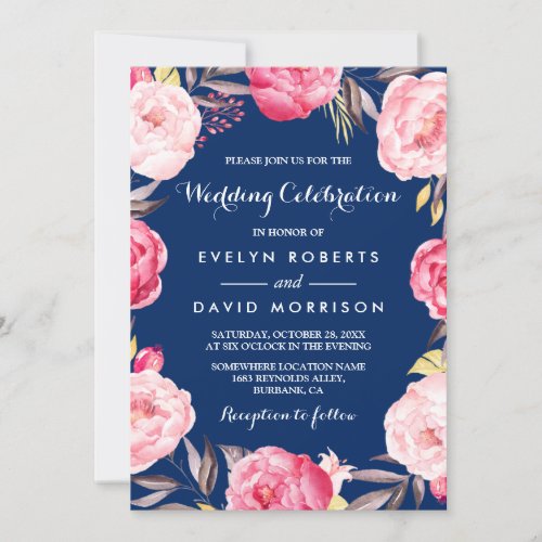 Modern Wedding Celebration Floral Wreath Navy Blue Card