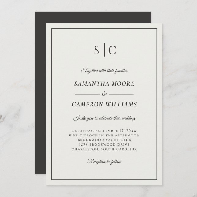 Modern Wedding Classic Monogram Cream & Black Invitation (Front/Back)