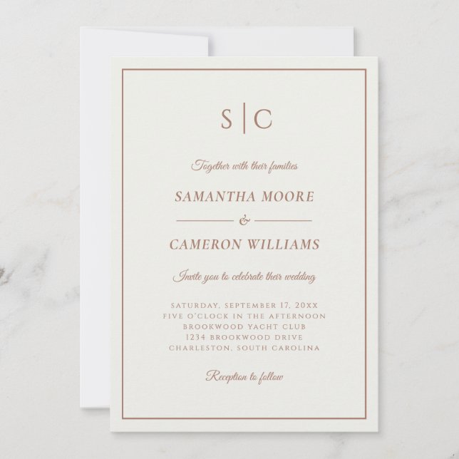Modern Wedding Classic Monogram Cream & Brown Invitation (Front)